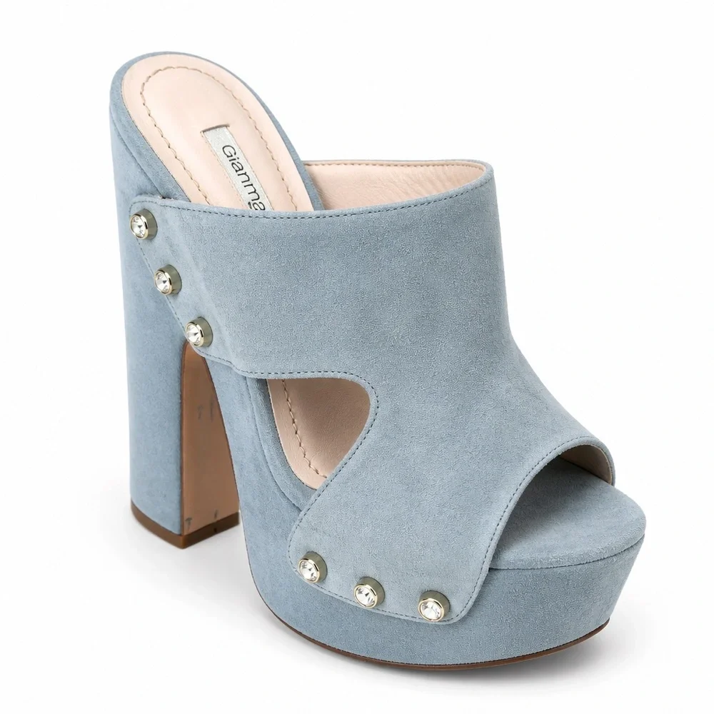 Gianmarco Lorenzi Women’s Powder Blue Suede Studded Platform Comfort Mules